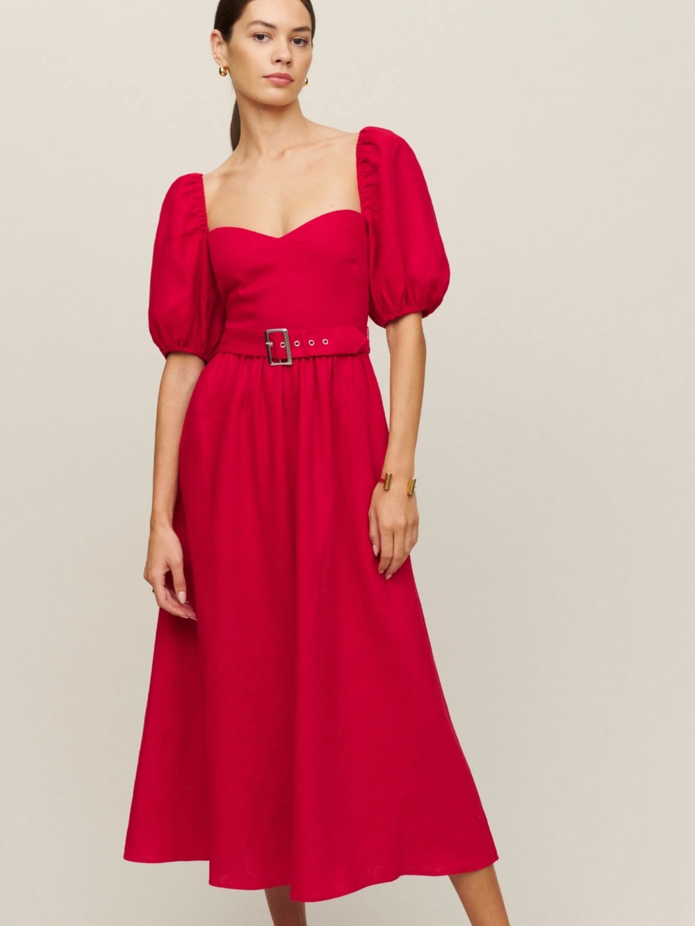 Reformation Tien Linen Puff Sleeve Belted Dress